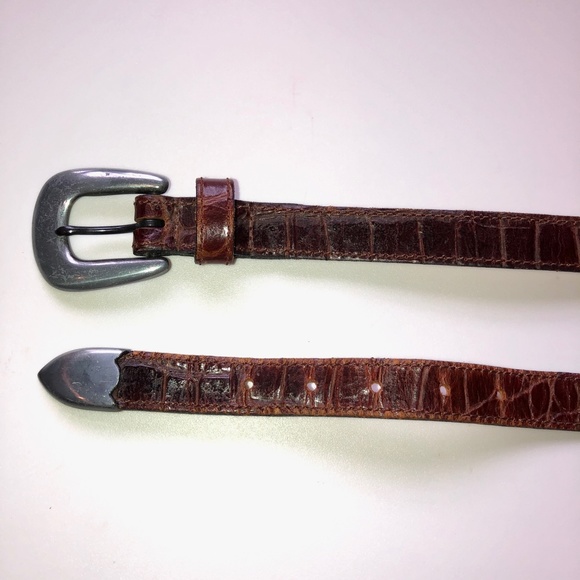 πHPπ JOAN & DAVID Brown Leather Croc Embossed Belt Silver Buckle + Tip Vintage - Picture 4 of 15